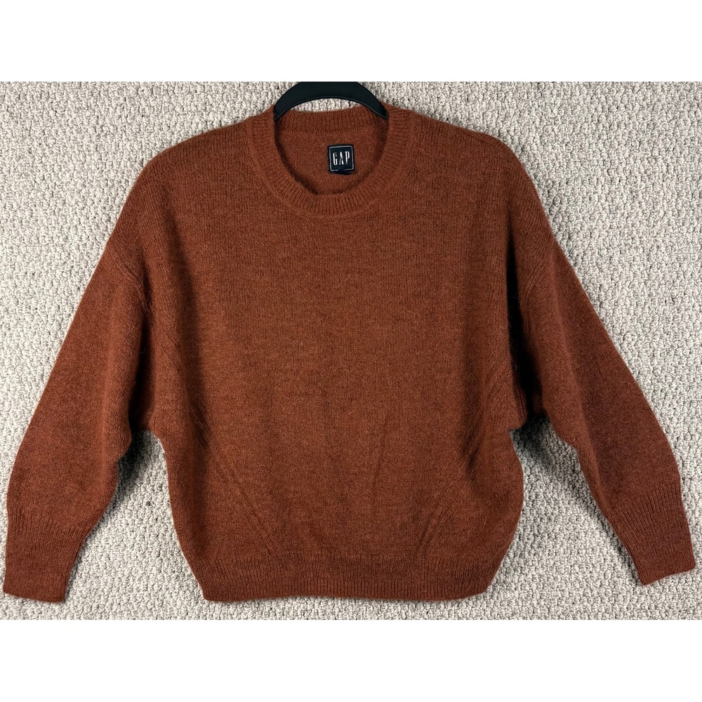 GAP Pullover Sweater Womens Small Petite Brown Wool Alpaca Blend Fuzzy Crew Neck